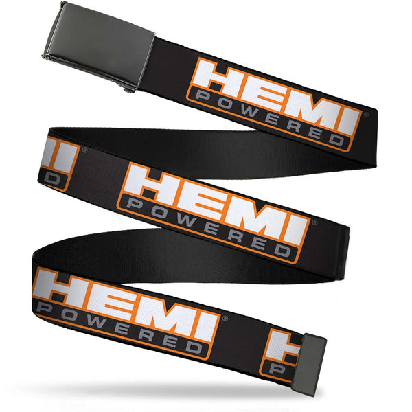 Buckle-Down Black Buckle Web Belt - HEMI POWERED Logo Repeat Black/Orange/White/Gray Webbing