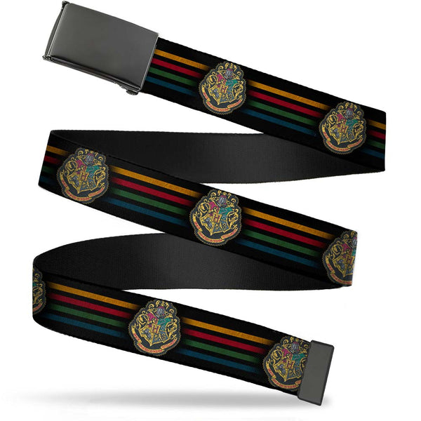 Buckle-Down Black Buckle Web Belt - Hogwarts Crest/House Stripes Black/Gold/Burgundy/Green/Blue Webbing