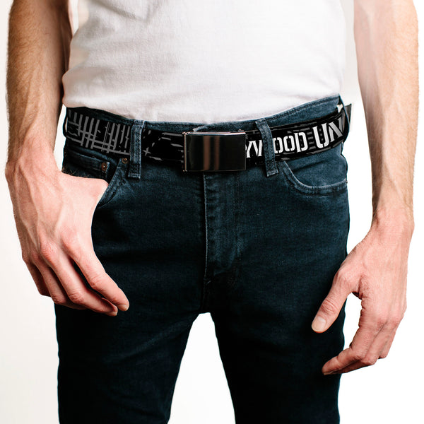 Buckle-Down Black Buckle Web Belt - HOLLYWOOD UNDEAD Text Logo/Striping Black/Gray/White Webbing