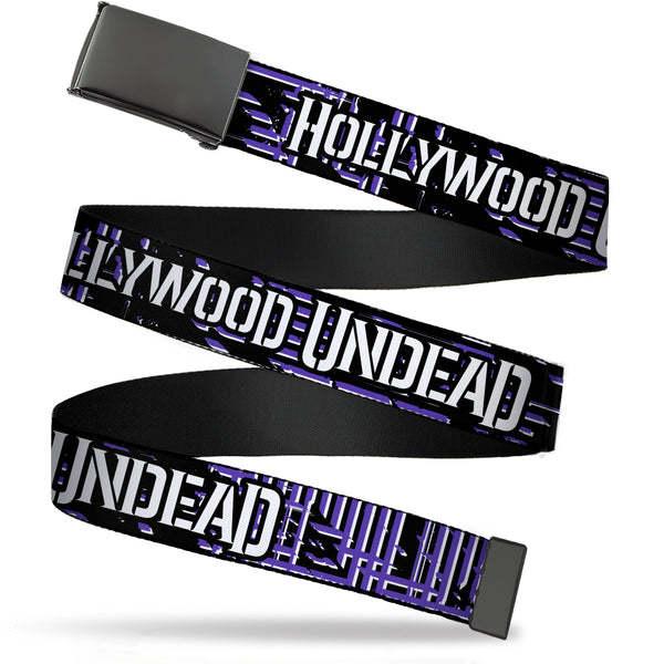 Buckle-Down Black Buckle Web Belt - HOLLYWOOD UNDEAD Text Logo/Striping Black/Purple/White Webbing