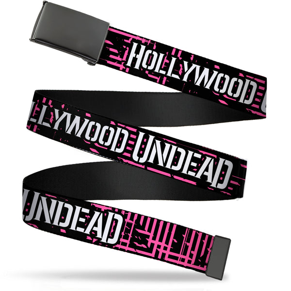 Buckle-Down Black Buckle Web Belt - HOLLYWOOD UNDEAD Text Logo/Striping Black/Pink/White Webbing