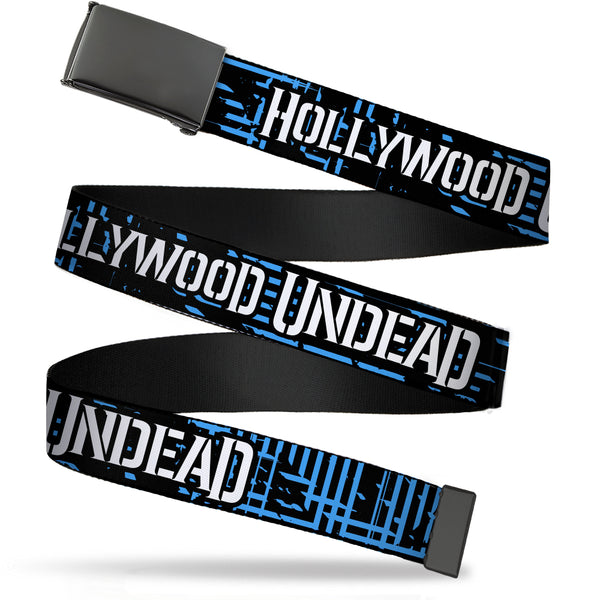 Buckle-Down Black Buckle Web Belt - HOLLYWOOD UNDEAD Text Logo/Striping Black/Blue/White Webbing