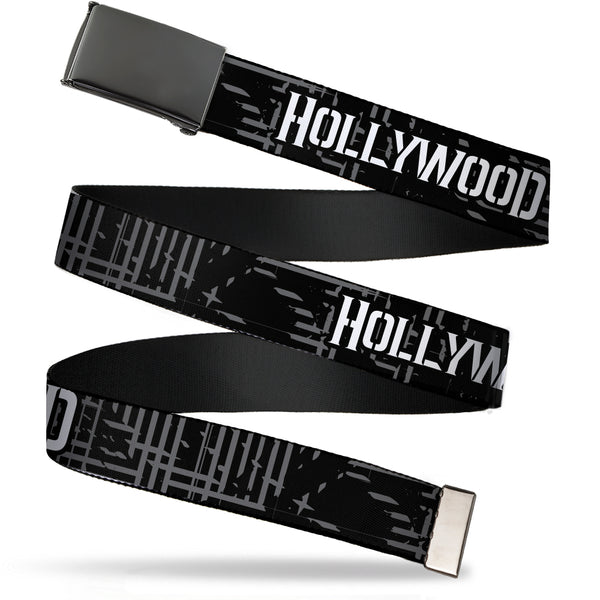 Buckle-Down Black Buckle Web Belt - HOLLYWOOD UNDEAD Text Logo/Striping Black/Gray/White Webbing