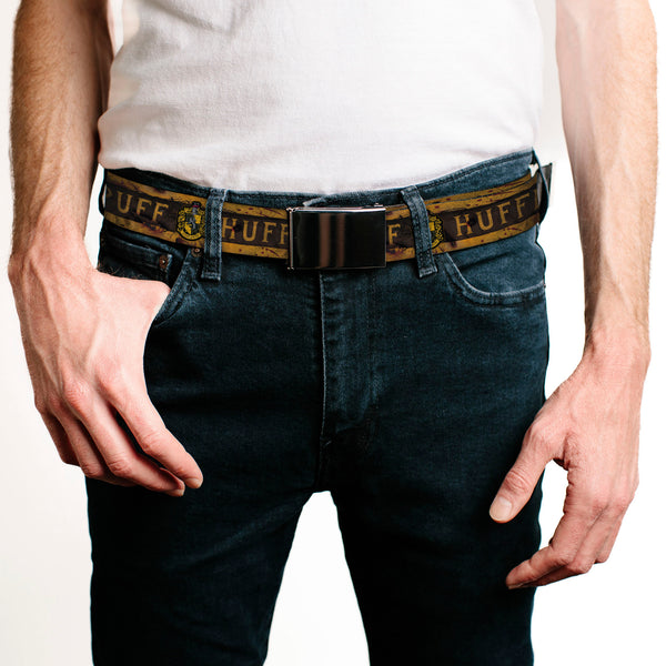 Buckle-Down Black Buckle Web Belt - HUFFLEPUFF Crest/Banner Weathered Tan/Brown Webbing