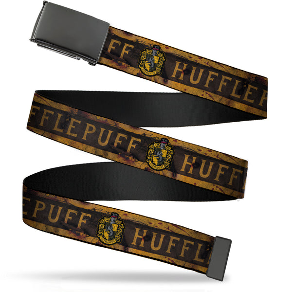 Buckle-Down Black Buckle Web Belt - HUFFLEPUFF Crest/Banner Weathered Tan/Brown Webbing