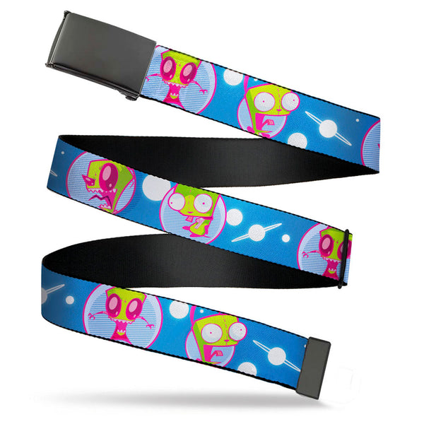 Buckle-Down Black Buckle Web Belt - Invader Zim and GIR Poses and Planets Blue/White Webbing