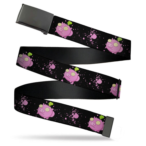 Buckle-Down Black Buckle Web Belt - Invader Zim GIR and Piggy Flying Pose Splatter Black/Pink Webbing