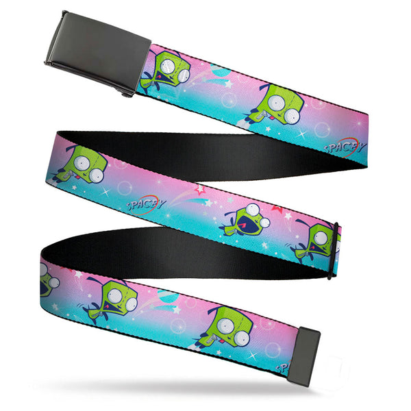 Buckle-Down Black Buckle Web Belt - Invader Zim GIR Flying SPACEY Poses and Stars Pinks/Blues Webbing