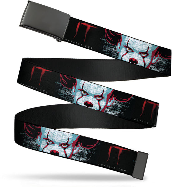 Buckle-Down Black Buckle Web Belt - IT CHAPTER TWO Pennywise Face CLOSE-UP Black/Red/Blues Webbing
