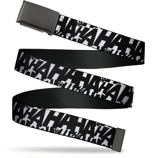 Buckle-Down Black Buckle Web Belt - Joker's Laugh HAHAHA Repeat White/Black Webbing