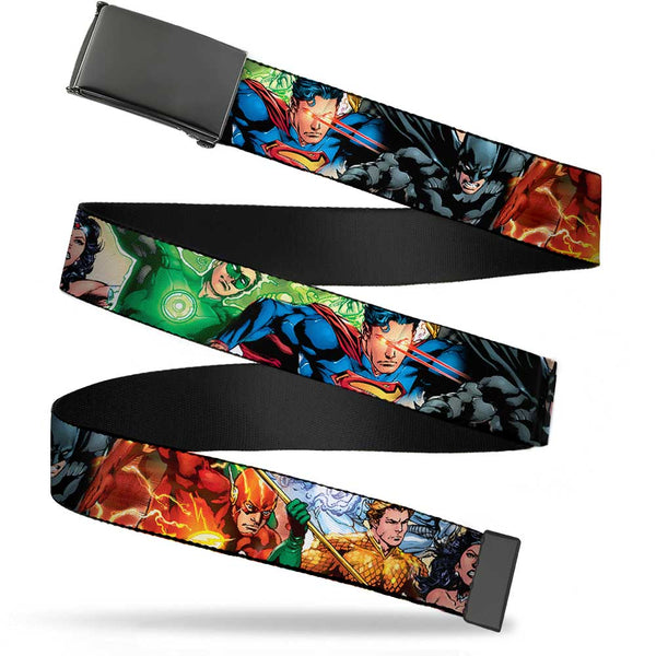 Buckle-Down Black Buckle Web Belt - Justice League New 52 Superhero Action Poses Webbing