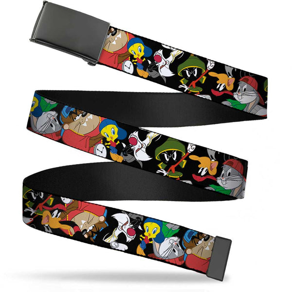Buckle-Down Black Buckle Web Belt - Looney Tunes 6-Hip Hop Character Poses Scattered Black Webbing