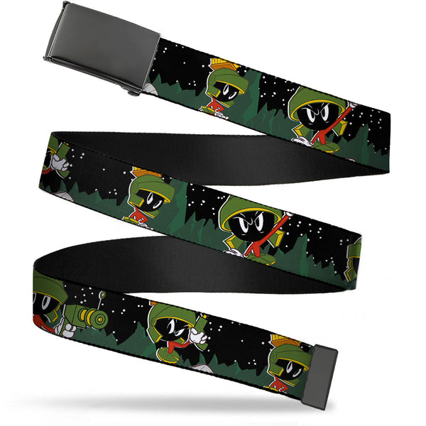 Buckle-Down Black Buckle Web Belt - Marvin the Martian 4-Poses Mars Landscape Black/White/Greens Webbing