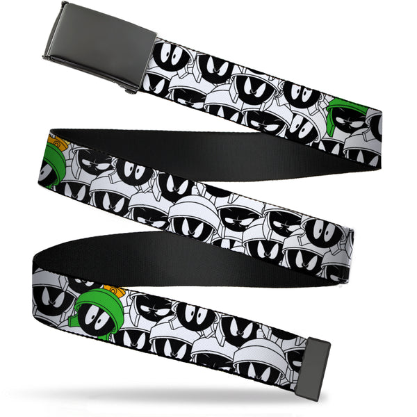 Buckle-Down Black Buckle Web Belt - Marvin the Martian Expressions Stacked White/Black/Green/Gold Webbing