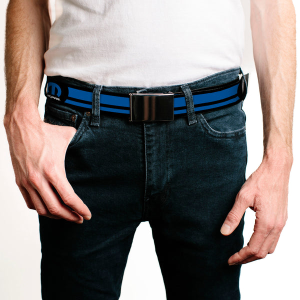 Buckle-Down Black Buckle Web Belt - MOPAR Logo/Stripe Black/Blue Webbing