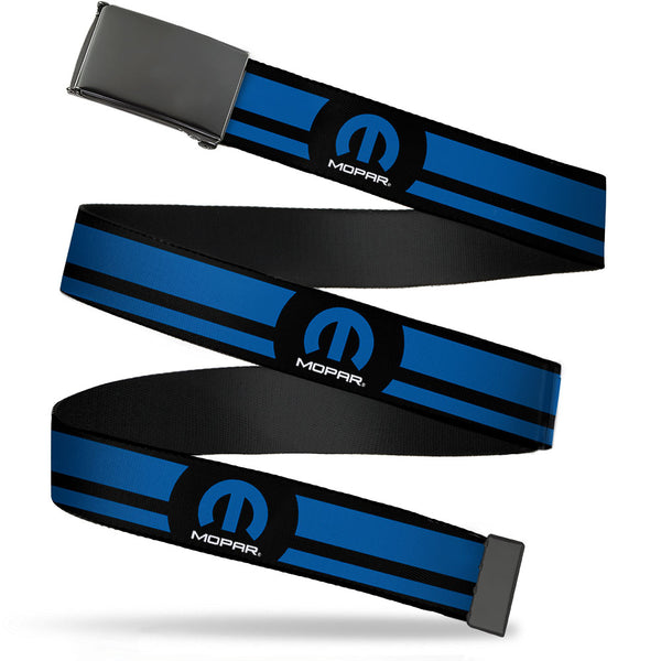 Buckle-Down Black Buckle Web Belt - MOPAR Logo/Stripe Black/Blue Webbing
