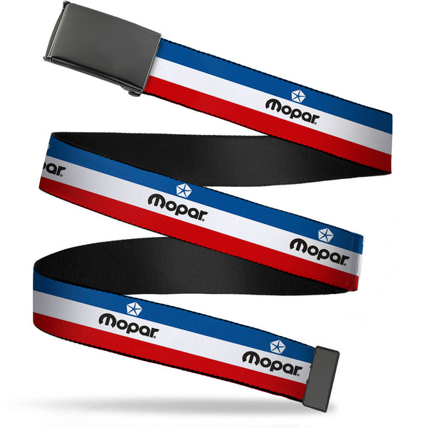 Buckle-Down Black Buckle Web Belt - MOPAR Logo/Stripe Blue/White/Red Webbing