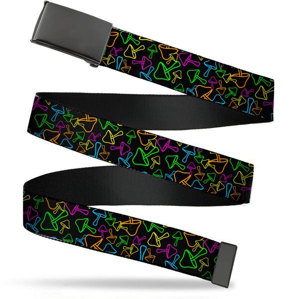 Buckle-Down Black Buckle Web Belt - Mushroom Outline Scattered Black/Multi Neon Webbing