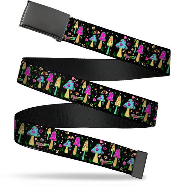 Buckle-Down Black Buckle Web Belt - Mushroom SHROOMY Garden Black/Multi Color Webbing