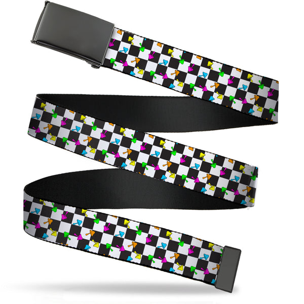 Buckle-Down Black Buckle Web Belt - Mushrooms Scattered Checker Black/White/Multi Neon Webbing