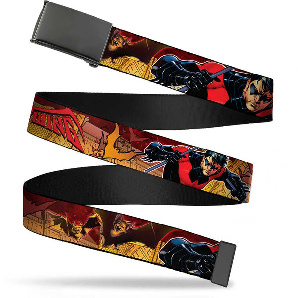 Buckle-Down Black Buckle Web Belt - NIGHTWING Poses/Bats Welcome to Gotham Comic Book Cover Webbing