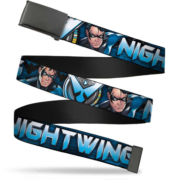 Buckle-Down Black Buckle Web Belt - NIGHTWING Poses/Logo Black/Blues Webbing
