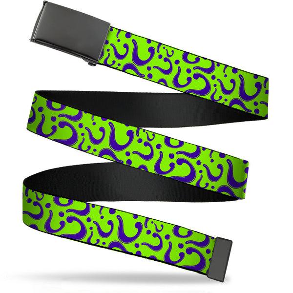 Buckle-Down Black Buckle Web Belt - Question Mark Scattered Lime Green/Purple Webbing