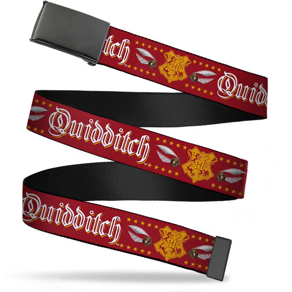 Buckle-Down Black Buckle Web Belt - QUIDDITCH Hogwarts Crest/Quidditch Balls/Stars Red/Gold/White Webbing