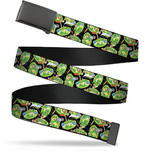 Buckle-Down Black Buckle Web Belt - Rick and Morty Portal Multi Character Scattered Black/Green Webbing