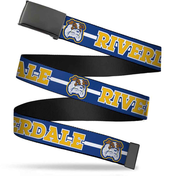 Buckle-Down Black Buckle Web Belt - RIVERDALE/Bulldog Mascot Stripe Blue/White/Yellow Webbing