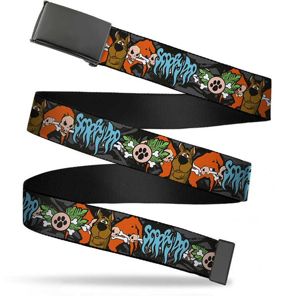 Buckle-Down Black Buckle Web Belt - SCOOBY DOO Face/Paw & Crossbones Gray/Black/Orange/Blue Webbing