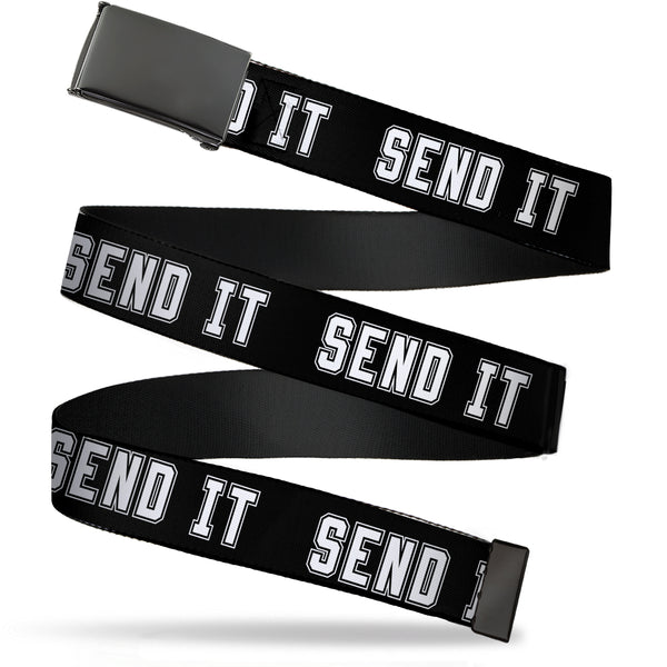 Buckle-Down Black Buckle Web Belt - SEND IT Black/White Webbing