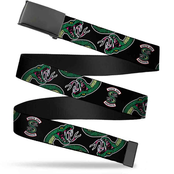 Buckle-Down Black Buckle Web Belt - SOUTH SIDE SERPENTS Patch/Serpents Scattered Black Webbing