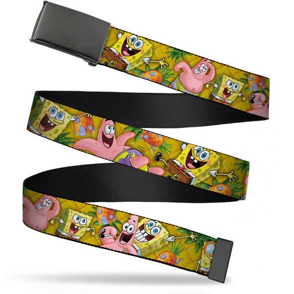 Buckle-Down Black Buckle Web Belt - SpongeBob & Patrick Starfish Poses Pineapple Gold Webbing
