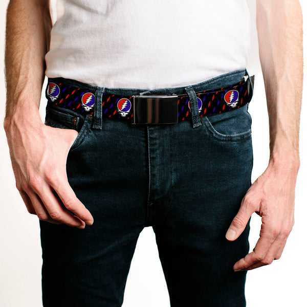 Buckle-Down Black Buckle Web Belt - Steal Your Face Repeat W/Mini Lightning Bolt Black/Red/White/Blue Webbing
