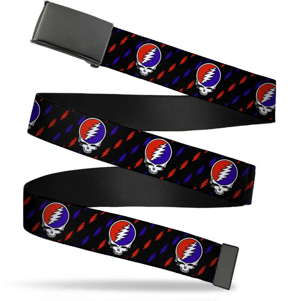 Buckle-Down Black Buckle Web Belt - Steal Your Face Repeat w/Mini Lightning Bolt Black/Red/White/Blue Webbing