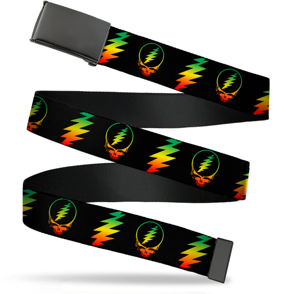 Buckle-Down Black Buckle Web Belt - Steal Your Face w/Lightning Bolt Repeat Black/Rasta Webbing