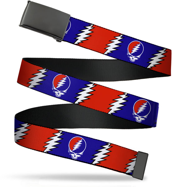Buckle-Down Black Buckle Web Belt - Steal Your Face w/Lightning Bolt Repeat Red/White/Blue Webbing