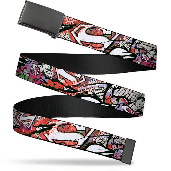 Buckle-Down Black Buckle Web Belt - Superman Color Flying Bricks Scene Webbing