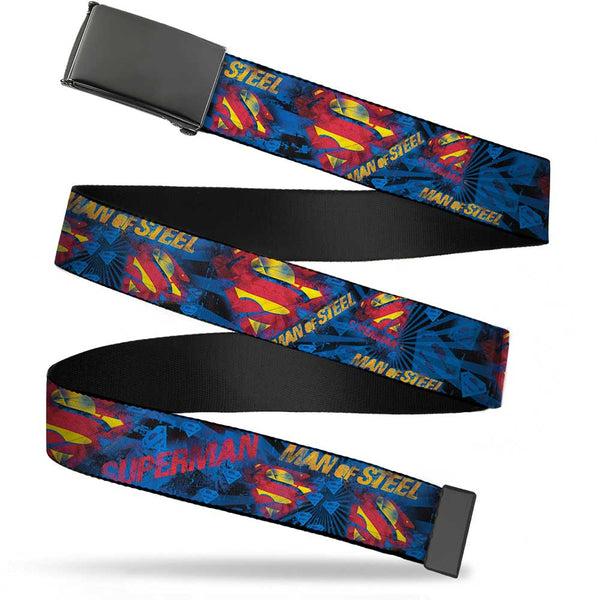 Buckle-Down Black Buckle Web Belt - SUPERMAN MAN OF STEEL Shield Collage/Rays Black/Blues/Reds/Yellows Webbing