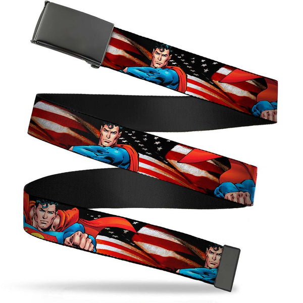 Buckle-Down Black Buckle Web Belt - Superman Poses/American Flag Webbing
