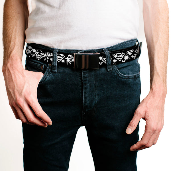 Buckle-Down Black Buckle Web Belt - Superman Shield Splatter Black/White Webbing
