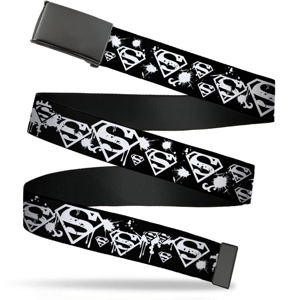 Buckle-Down Black Buckle Web Belt - Superman Shield Splatter Black/White Webbing