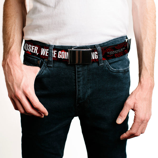 Buckle-Down Black Buckle Web Belt - Supernatural GET IN LOSER WE'RE GOING HUNTING/Symbols Scattered Black/Red/White Webbing