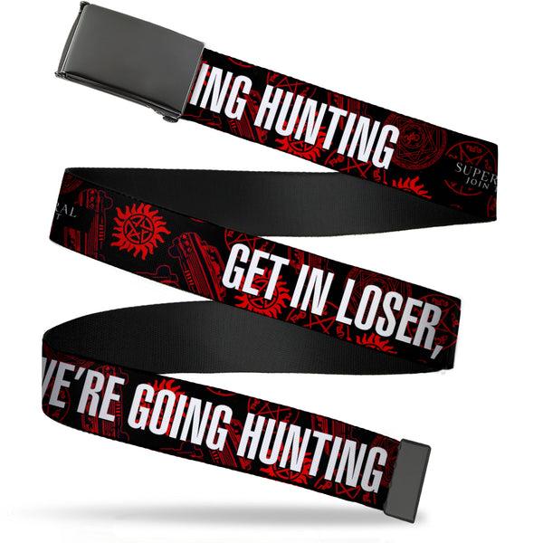 Buckle-Down Black Buckle Web Belt - Supernatural GET IN LOSER WE'RE GOING HUNTING/Symbols Scattered Black/Red/White Webbing
