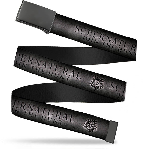Buckle-Down Black Buckle Web Belt - SUPERNATURAL-JOIN THE HUNT/Winchester Pentagram Grays/Black Webbing