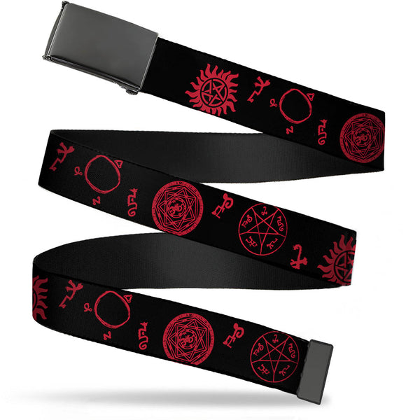Buckle-Down Black Buckle Web Belt - Supernatural Symbols Scattered Black/Red Webbing