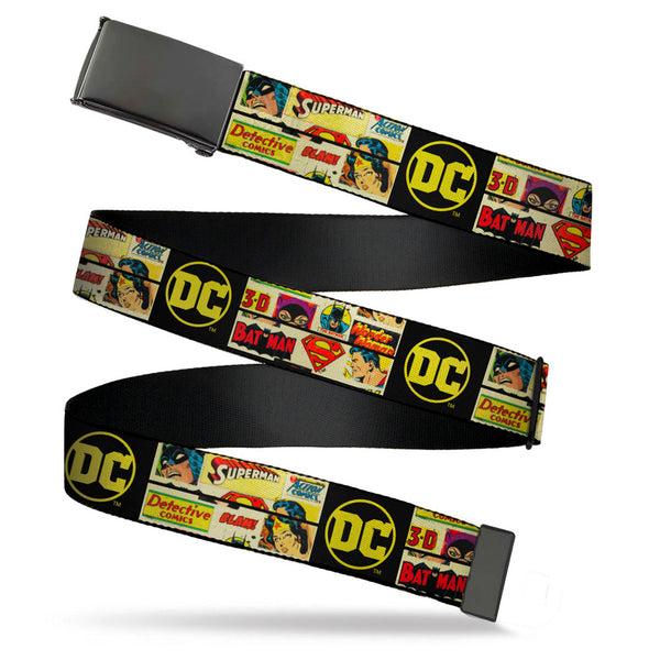 Buckle-Down Black Buckle Web Belt - Vintage DC Comics Superhero and Logos Collage Black Webbing