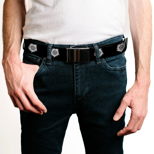 Buckle-Down Black Buckle Web Belt - Winchester Pentagram Repeat Black/White Webbing