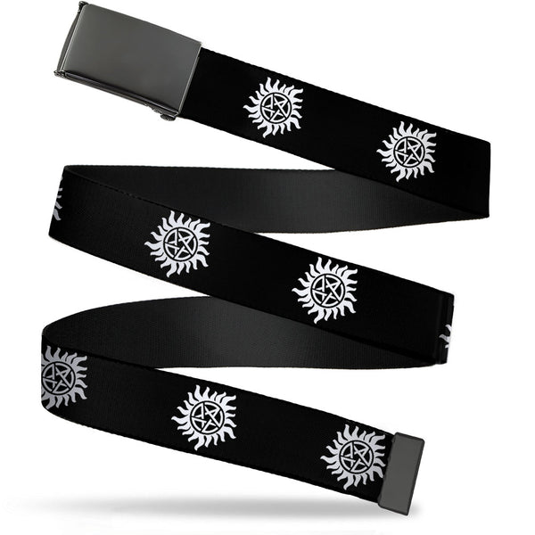 Buckle-Down Black Buckle Web Belt - Winchester Pentagram Repeat Black/White Webbing